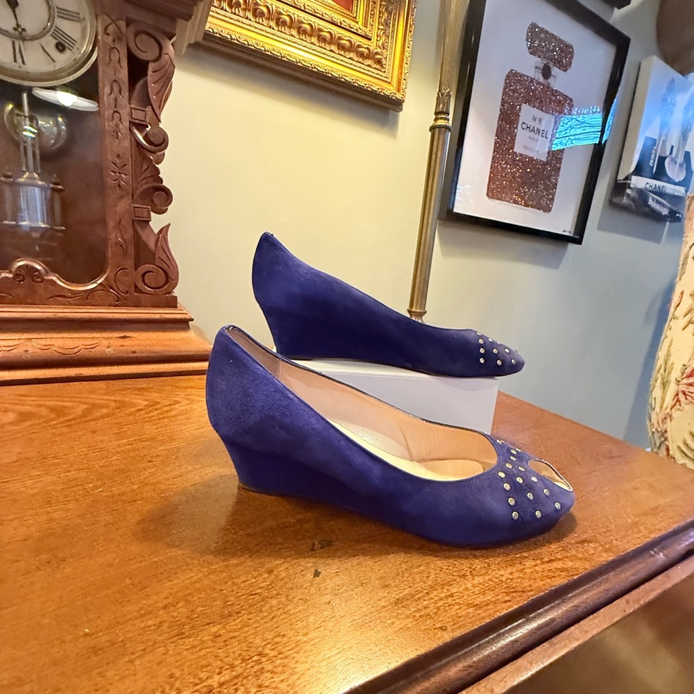Loeffler Randall Blue Suede Leather Peep Toe 2” wedges w/ Gold Studs Size 9.5 - Picture 3 of 13